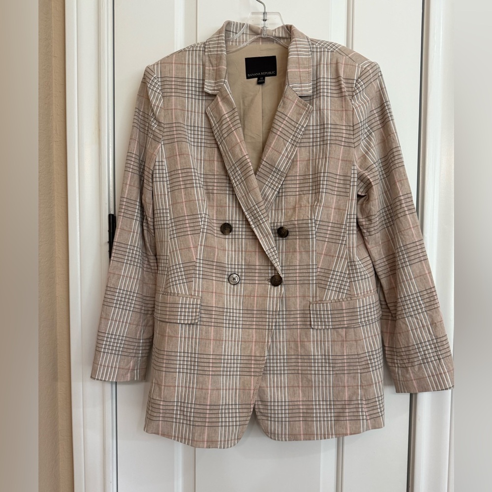 Banana Republic Beige Plaid Double-Breasted Blazer